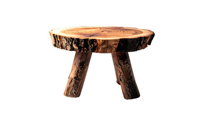 Rustic, handmade wooden stool, isolated on black, showing the cross-section of a tree trunk