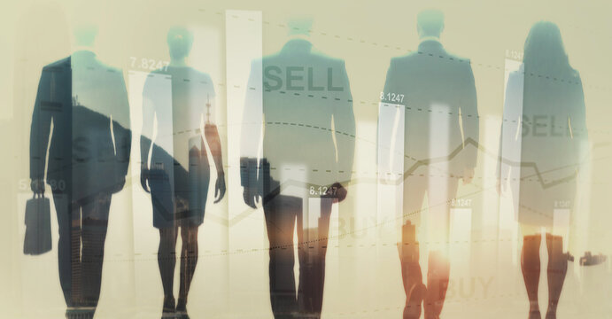 Financial market analysis with businesspeople silhouettes. Stock charts trading data - Powered by Adobe