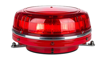 Bright red emergency beacon with a clear dome and metal base, isolated on black