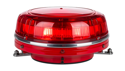 Bright red emergency beacon with a clear dome and metal base, isolated on black