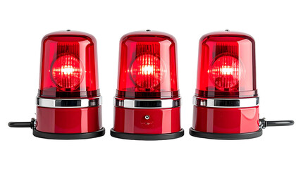 Three red emergency lights on a black background, all with bright glowing bulbs