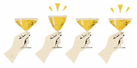 Four hands holding champagne flutes with golden sparkling liquid