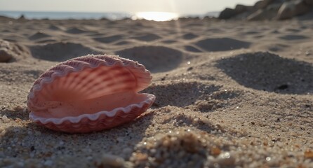 Obraz premium pink seashell on sandy beach with blurred ocean background at sunset