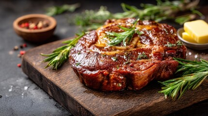 A large cut of meat sits on a wooden board with herbs and a small dish of butter nearby. The meat has a rich color and looks ready for cooking.