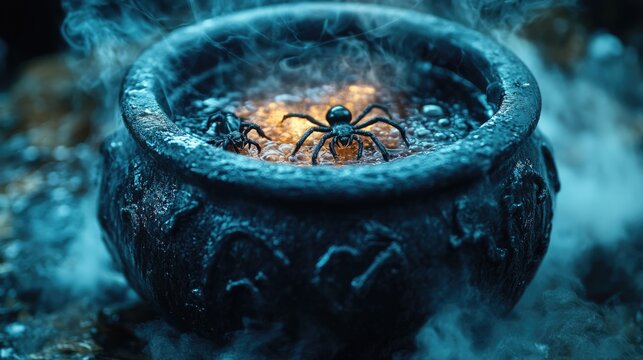 Halloween brew cauldron with spiders and spiderwebs.
