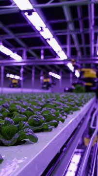 Green lettuce plants thriving in a multi level hydroponic system inside a controlled indoor environment, illuminated by specialized purple led grow lights for optimal growth