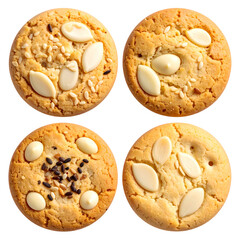 Four round cookies, close-up, with seeds and sliced almonds on a dark background