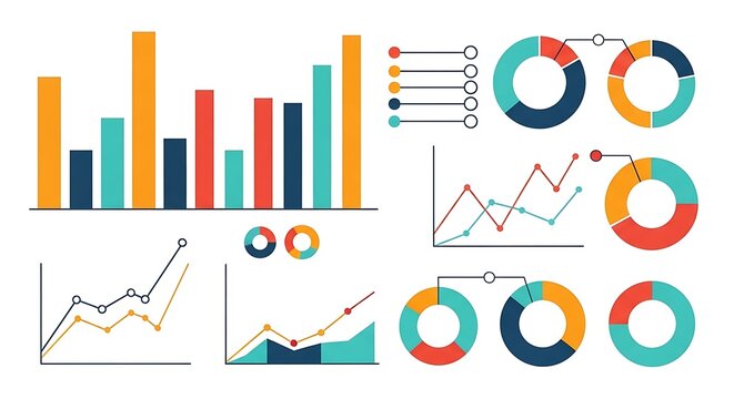 Collection of various colorful business charts and graphs, including bar charts, line graphs, and pie charts, illustrating data analysis and financial reporting - Powered by Adobe