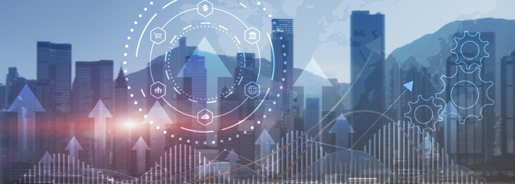 Business process automation concept. Gears and icons on abstract city background - Powered by Adobe