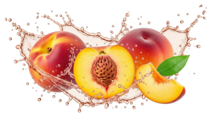 Fresh peaches with water splash isolated on white background.