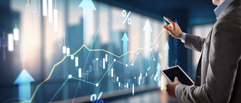 Growing charts against the backdrop of the city. Business chart and reflection buildings - Powered by Adobe