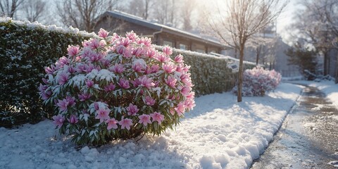 Winter garden scene featuring snow-laden rhododendron and sunlit hedge behind a contemporary house, seasonal landscape