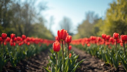 Obraz premium Red tulips in a spring garden creating a vibrant floral backdrop for editorial headers