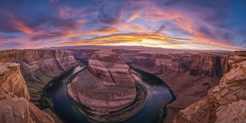 Wide view of Horseshoe Bend in Page Arizona during sunset, highlighting geological formation and water course, Earth Day