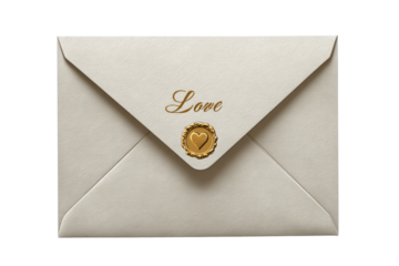 Cream envelope with gold heart seal and elegant love script white beige, Png, Isolated on Transparent Background, Cut Out