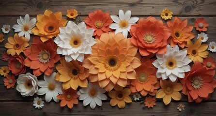 Fototapeta premium flat lay of vibrant handcrafted paper flowers in shades of orange and white on rustic wood.