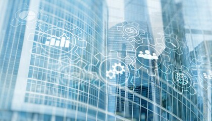 Automation of business. Gears icon on network connection