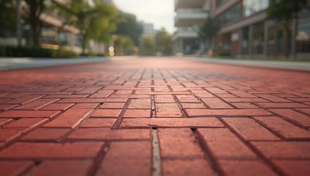 Vivid joint-colored red brick paving serving as a textured cityscape backdrop