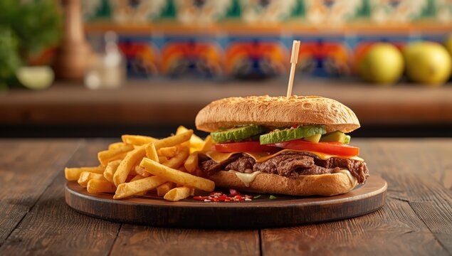 Mexican bread with avocado, beans, beef, and tomato alongside french fries, highlighting classic flavor combinations
