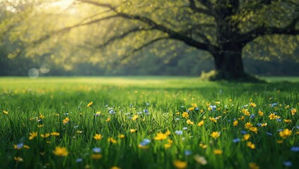 Fototapeta premium Vivid spring flowers sprouting across green fields, highlighting natural growth during the season