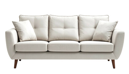 White fabric three-seater couch with two pillows on a black background