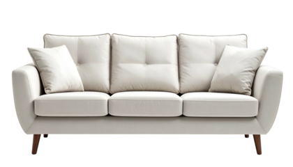 White fabric three-seater couch with two pillows on a black background