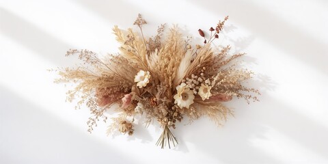 Decorative dry flowers arranged on a white background for banner design, ideal for floral or event layouts