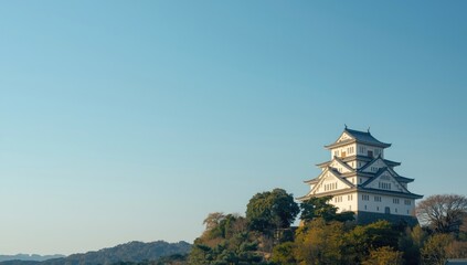 Fototapeta premium Himeji Castle with a bright blue sky backdrop, traditional Japanese structure, tourism highlight, sunny weather