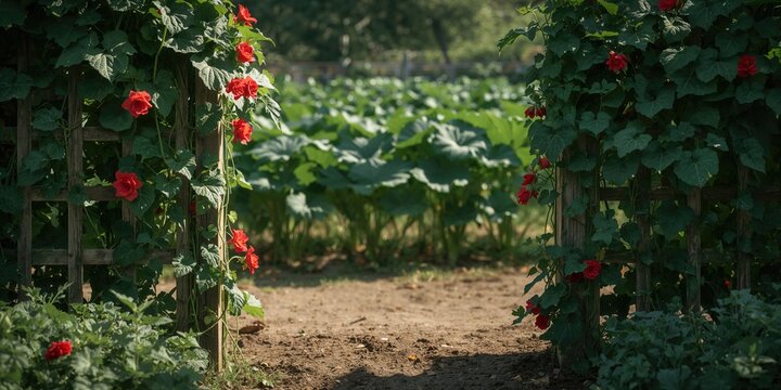 Runner bean vines with red flowers on netting, highlighting climbing growth techniques, Earth Day