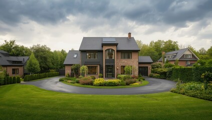 Obraz premium Modern residence featuring a well-maintained garden under overcast skies, suitable for outdoor layout planning