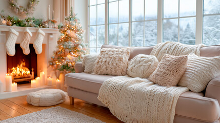 Living room has Christmas decorations and a fire burning in the fireplace with a tree nearby in winter