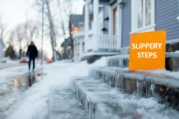 Warning sign placed near steps outside apartment entrance indicating slippery conditions due to ice and snow