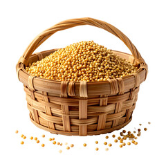 Woven basket overflows with small, yellow seeds, some spilled out. Natural texture