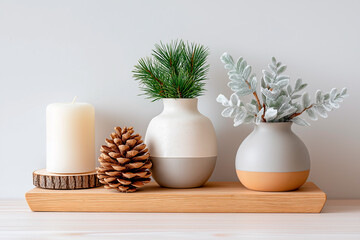 Holiday shelf decor featuring pinecone candle and small tree arrangement for seasonal display