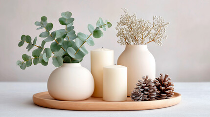 Winter holiday still life with white candles and natural elements on a wooden tray in a cozy setting