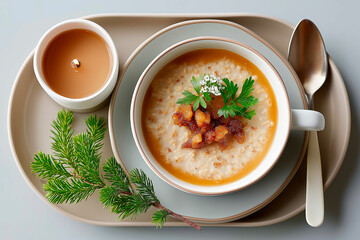 Holiday breakfast features oatmeal with topping, candle, and fresh greenery on a simple tray table