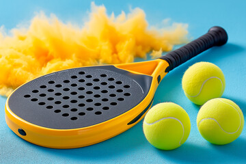 Black and yellow padel racket with perforated surface, placed near three green balls and a bright yellow background