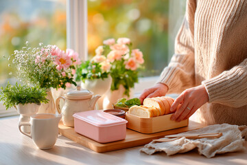 Mother prepares lunchboxes for two children in the kitchen in the early morning light with flowers in the background