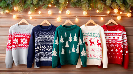 Colorful Christmas sweaters hanging on a clothesline with lights in December