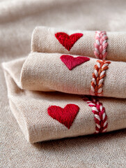 Rustic stitched hearts and borders made with red thread on textured fabric