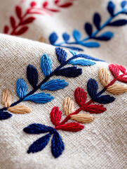 Folk geometric embroidery pattern with colorful leaves and floral designs