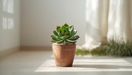 Fototapeta premium Green succulent with red-tipped leaves arranged in a radial pattern, used as interior decor backdrop