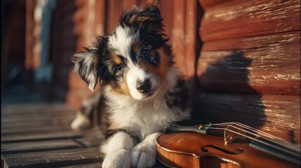 Adorable Australian Shepherd Puppy Poses with Violin Outdoors.