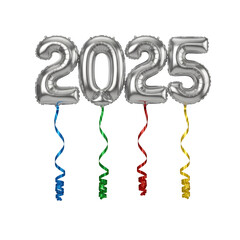 New Year 2025 Silver Balloons isolated on transparent background