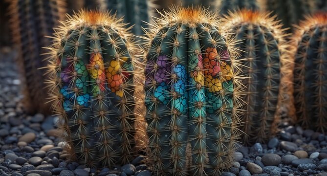 colorful painted desert cacti with vibrant mosaic designs in a rocky landscape.