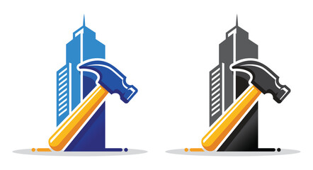 Construction and maintenance logo featuring a skyscraper with a hammer icon for urban repair services building contractors and home improvement
