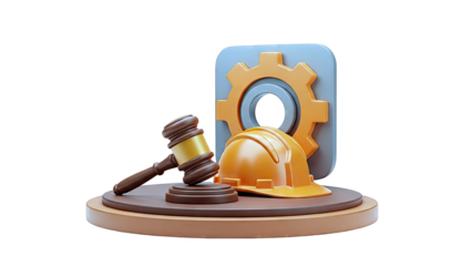 Construction Law Concept: Gavel, Gear, and Hard Hat