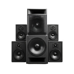 Fototapeta premium Stacked black audio speakers. Several dark gray/black speaker cabinets are arranged in a tiered, pyramid-like formation, each with visible speaker cones