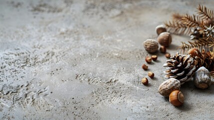 Minimalist autumn flat lay with pinecones on warm stone surface