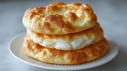 A stack of freshly baked cloud bread is displayed on a white plate. This low-carb, gluten-free bread is known for its airy texture and golden brown crust, ideal for healthy diets.